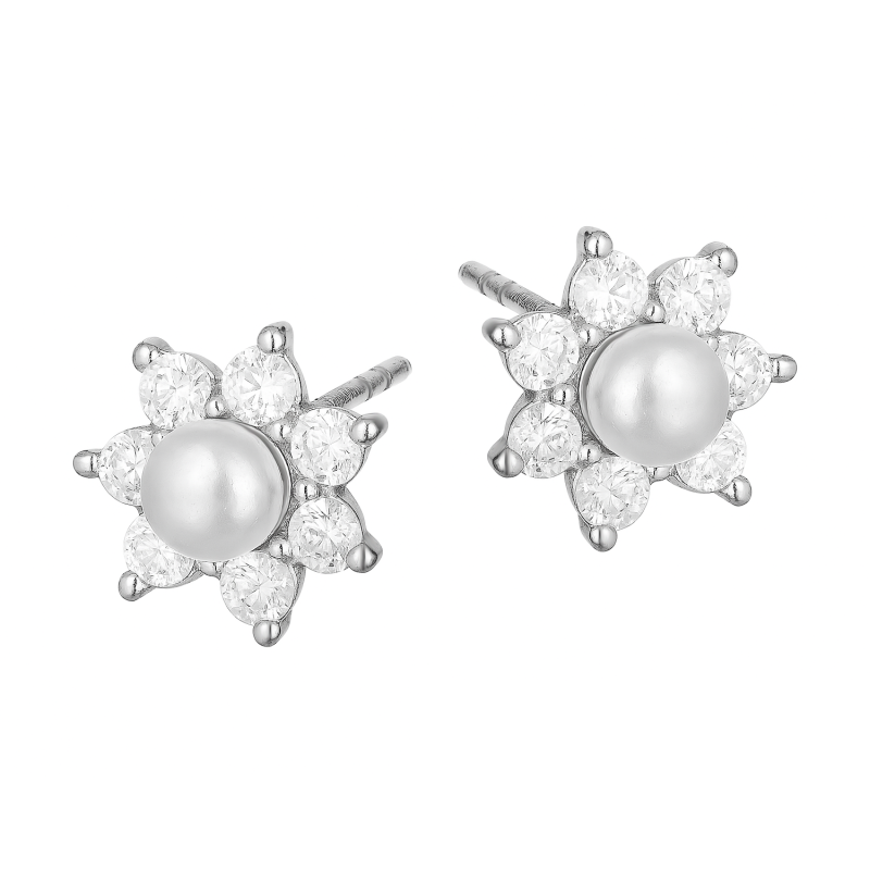 Kolczyki srebrne kwiatek z perłą i cyrkoniami