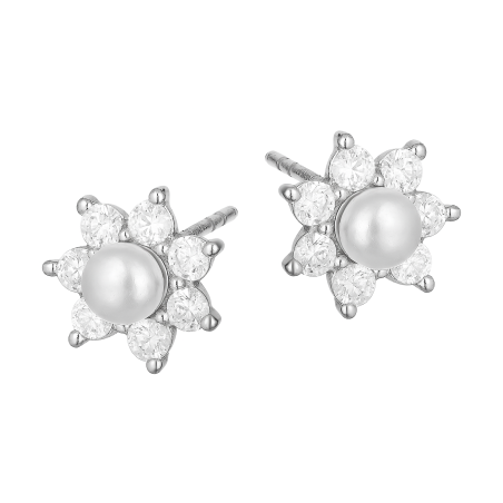 Kolczyki srebrne kwiatek z perłą i cyrkoniami