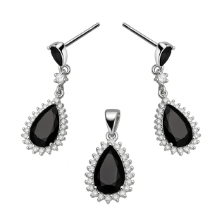 Srebrny Komplet Kropla z Czarną Cyrkonią - JubilerSezam.pl