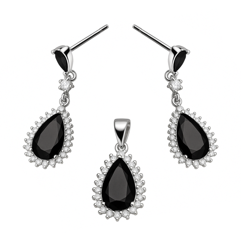 Srebrny Komplet Kropla z Czarną Cyrkonią - JubilerSezam.pl