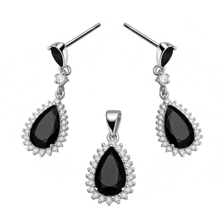 Srebrny Komplet Kropla z Czarną Cyrkonią - JubilerSezam.pl