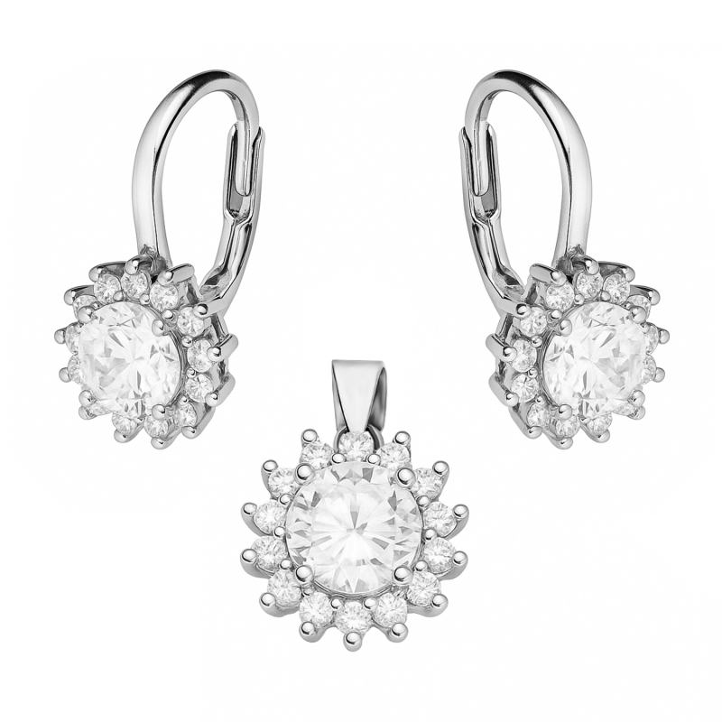 Komplet srebny kolczyki i zawieszka markiza kwiat z cyrkoniami