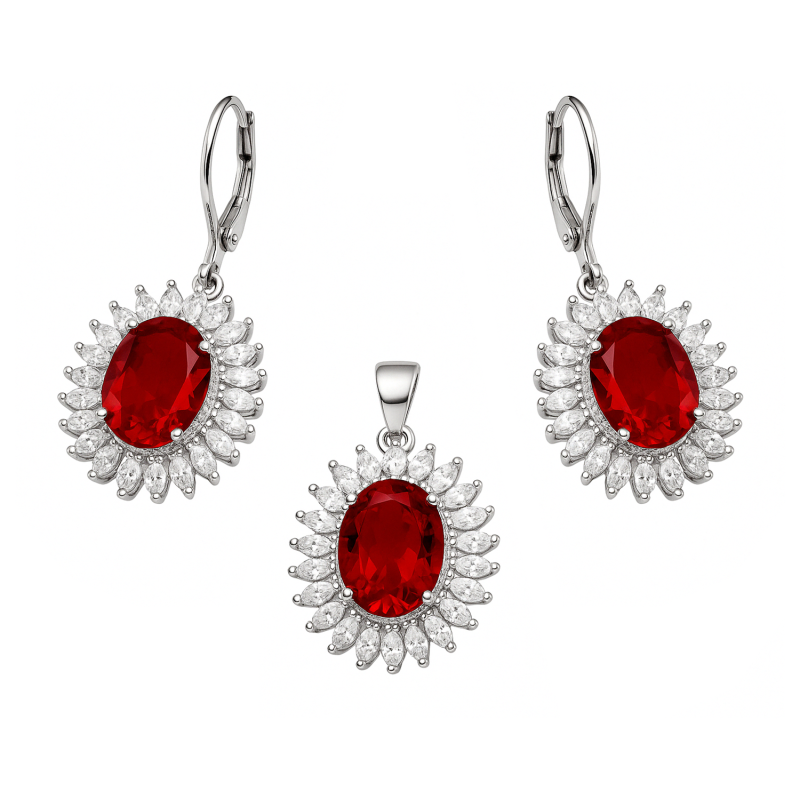 Komplet srebrny kolczyki i zawieszka markiza z czerwoną cyrkonią