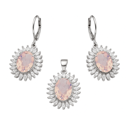 Komplet srebrny kolczyki i zawieszka markiza z j.różową cyrkonią