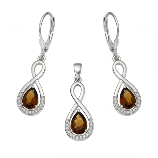 Komplet srebrny kolczyki i zawieszka kropla z brązową cyrkonią