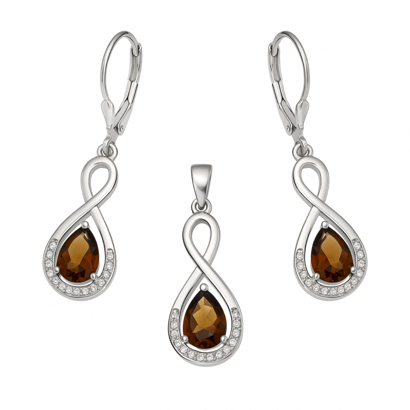 Komplet srebrny kolczyki i zawieszka kropla z brązową cyrkonią
