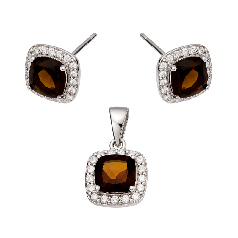 Komplet srebrny kolczyki i zawieszka kwadrat z brązową cyrkonią