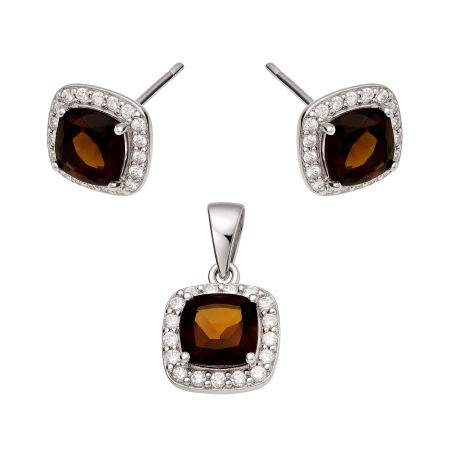 Komplet srebrny kolczyki i zawieszka kwadrat z brązową cyrkonią