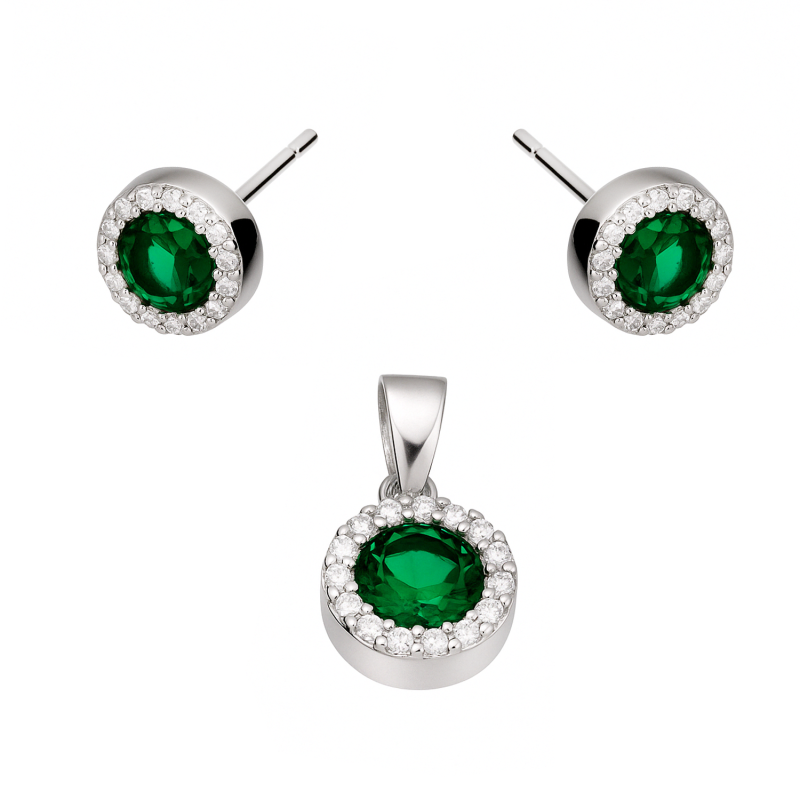 Srebrny Komplet Biżuterii Koło z Zieloną Cyrkonią - JubilerSezam.pl