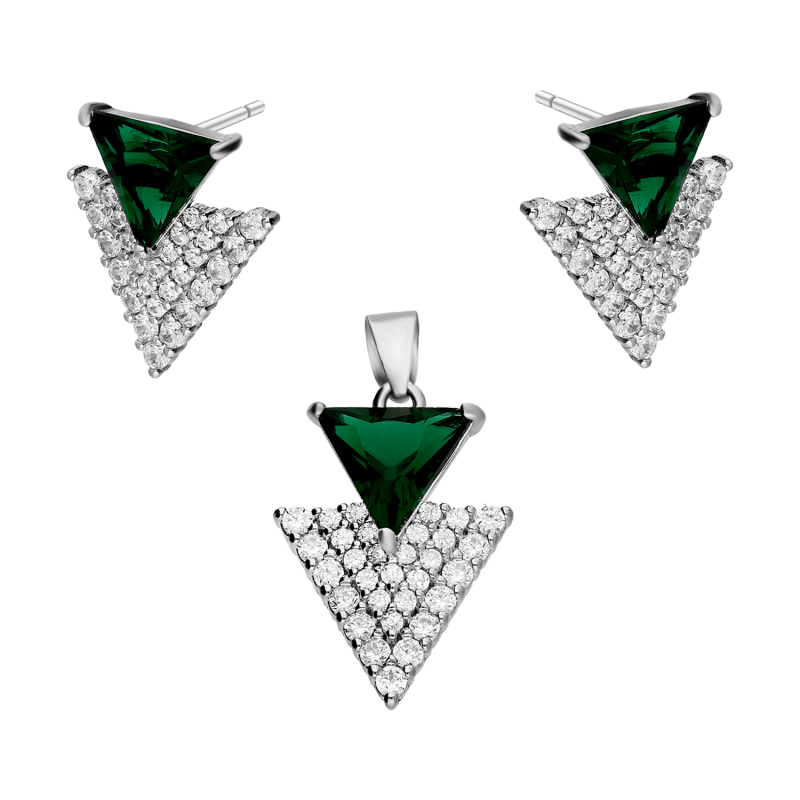 Srebrny Komplet Trójkąty z Cyrkoniami - Kolczyki i Zawieszka - JubilerSezam.pl