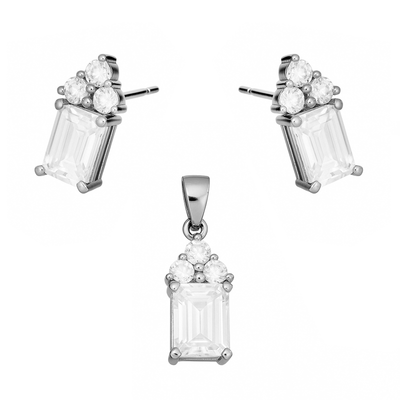 Komplet srebrny kolczyki i zawieszka prostokąt z cyrkonią