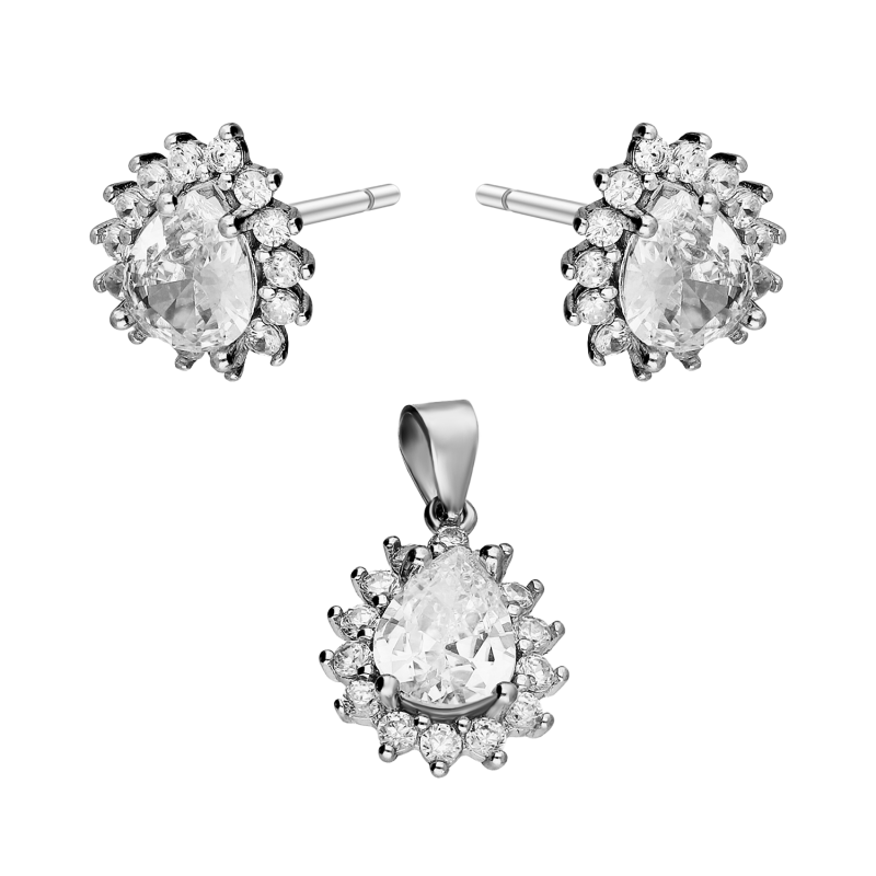 Komplet srebrny kolczyki i zawieszka markiza kropla z cyrkoniami