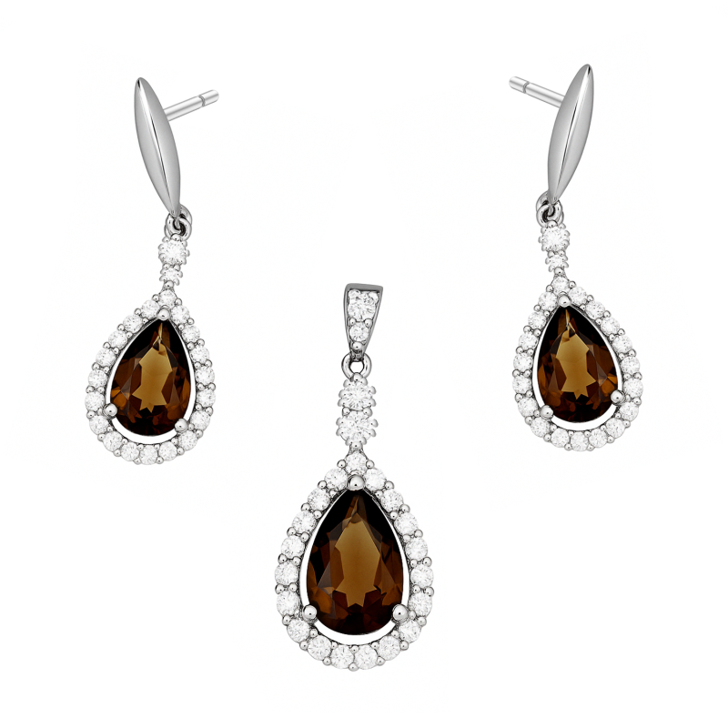 Komplet srebrny kolczyki i zawieszka kropla z brązową cyrkonią