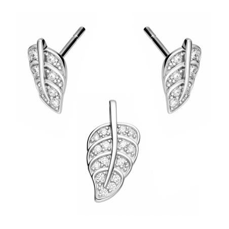 Komplet srebrny kolczyki i zawieszka liść z cyrkoniami