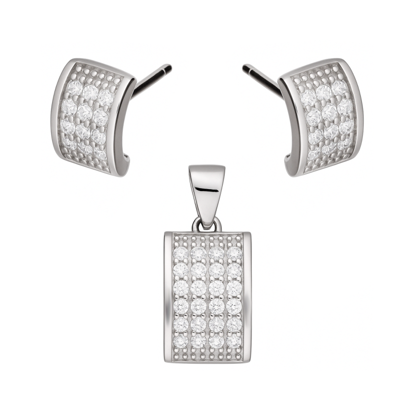 Komplet srebrny kolczyki i zawieszka odwrócone C z cyrkoniami