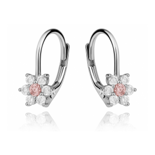 Kolczyki srebrne dla dziewczynki kwiat z różową cyrkonią