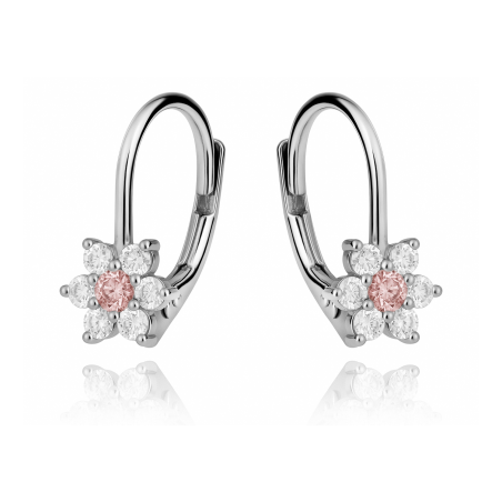 Kolczyki srebrne dla dziewczynki kwiat z różową cyrkonią