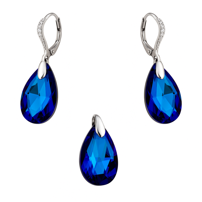 Srebrny Komplet z Niebieskim Kryształem - Kolczyki i Zawieszka - JubilerSezam.pl