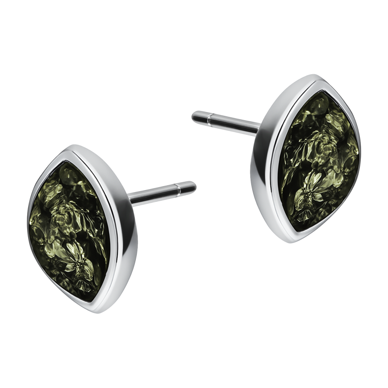 Srebrne kolczyki z zielonym bursztynem łezka - JubilerSezam.pl