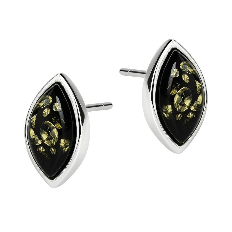 Srebrne kolczyki z zielonym bursztynem łezka - JubilerSezam.pl