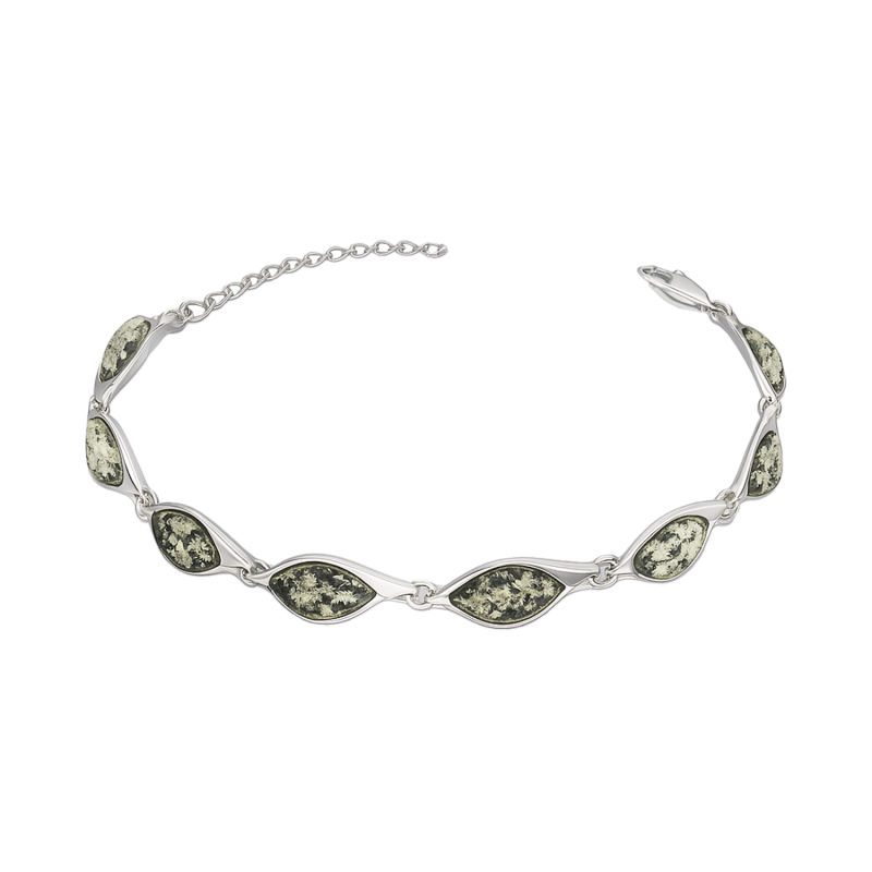 Bransoleta srebrna zielone bursztyny w łezkach