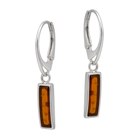 Kolczyki srebrne z bursztynem koniakowym w prostokącie