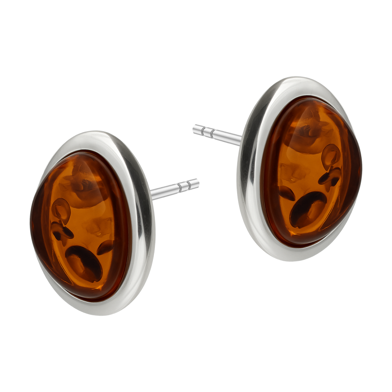 Kolczyki srebrne z owalnym bursztynem koniakowym