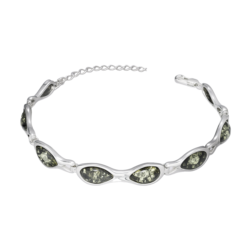 Bransoleta srebrna z owalnymi zielonymi bursztynami