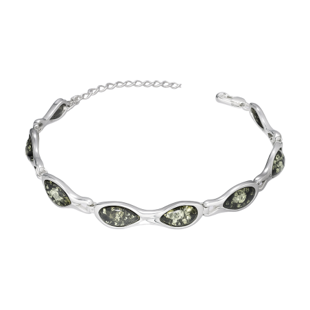 Bransoleta srebrna z owalnymi zielonymi bursztynami