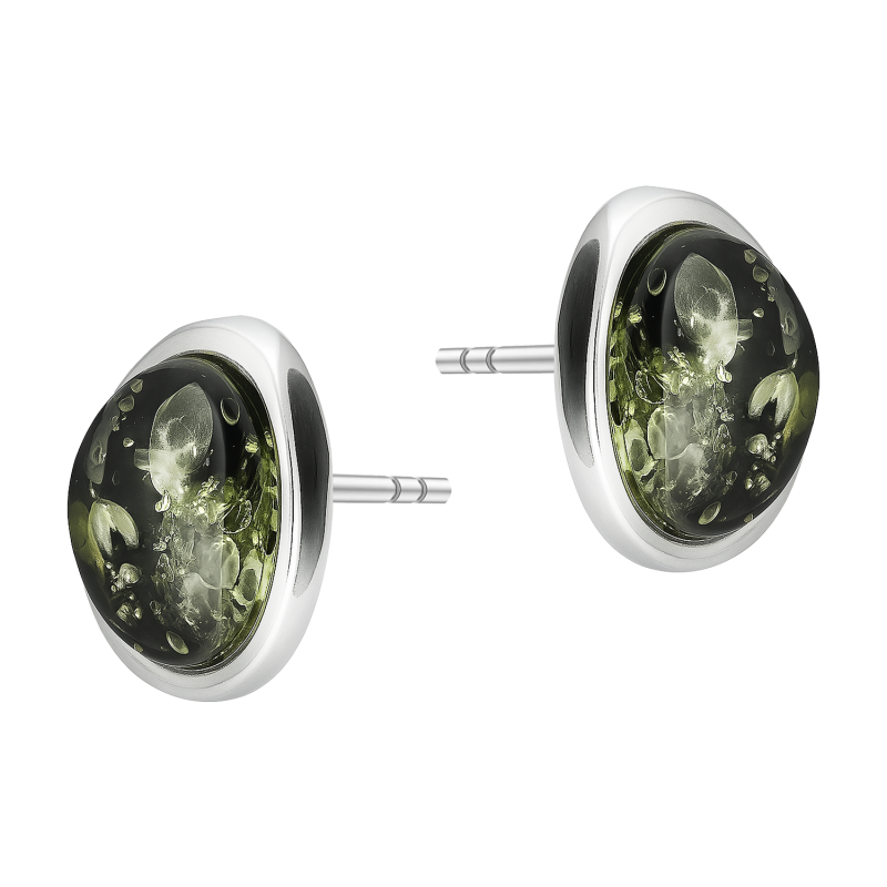 Kolczyki srebrne z owalnym zielonym bursztynem