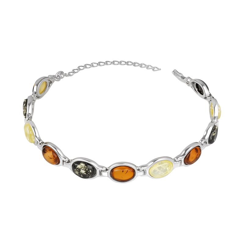 Bransoleta srebrna bursztyny w owalnych ramkach