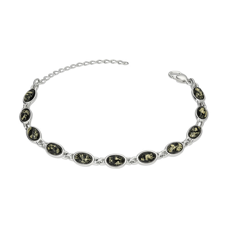 Bransoleta srebrna z zielonymi bursztynami