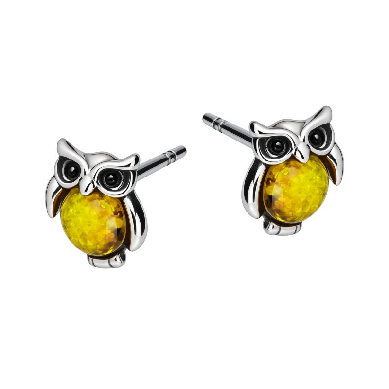 Srebrne Kolczyki Sowy z Bursztynem - JubilerSezam.pl