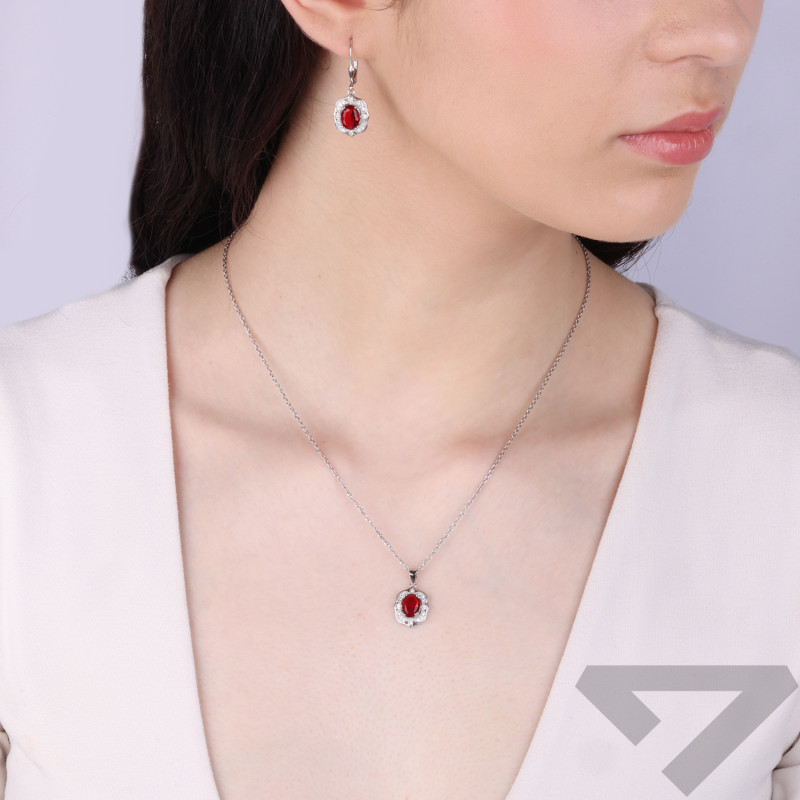 Komplet srebrny owalna markiza z czerwoną cyrkonią