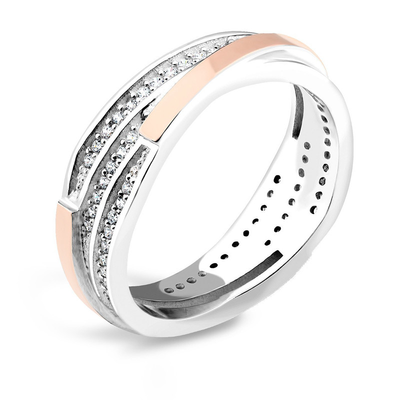 Pierścionek srebrny z białymi cyrkoniami i złotą blaszką