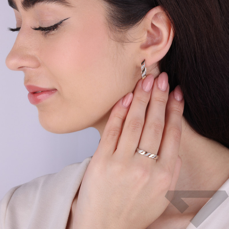 Kolczyki srebrne fale z cyrkoniami i złotą blaszką