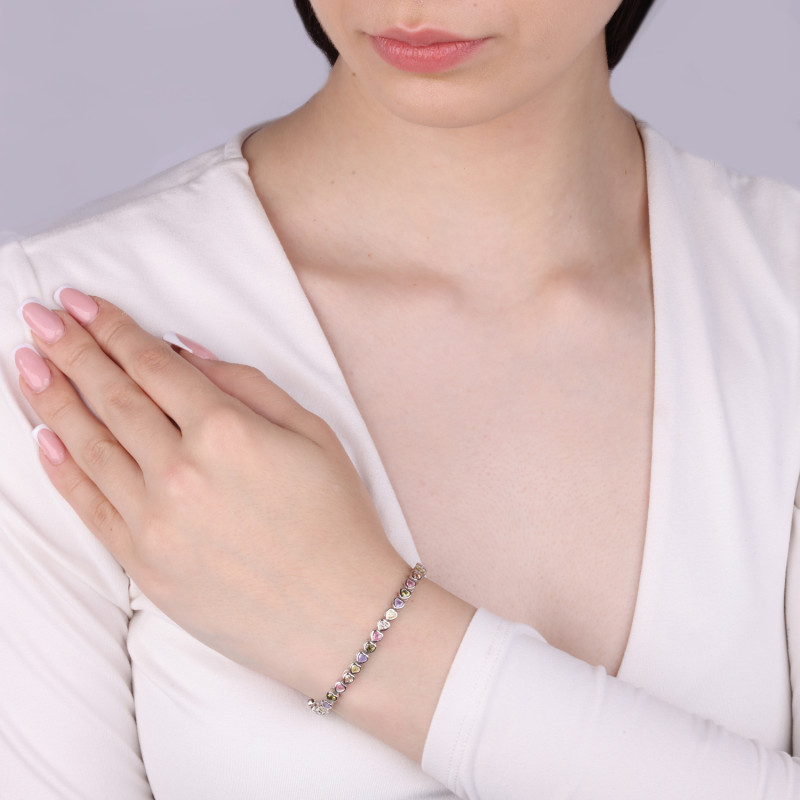 Bransoleta srebrna serca z kolorowymi cyrkoniami