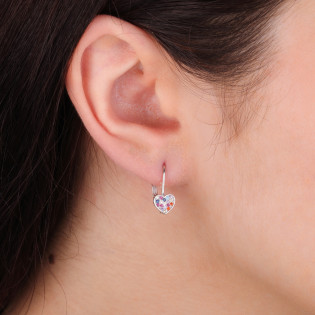Kolczyki srebrne dla dziewczynki serce z kolorowymi cyrkoniami
