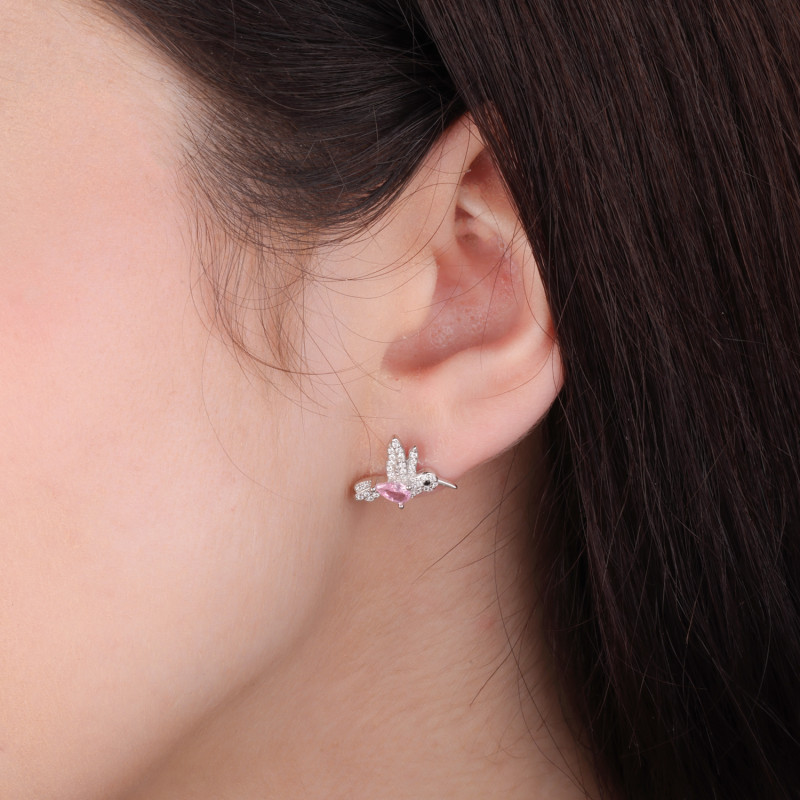 Kolczyki srebrne koliber z jasno-różową cyrkonią