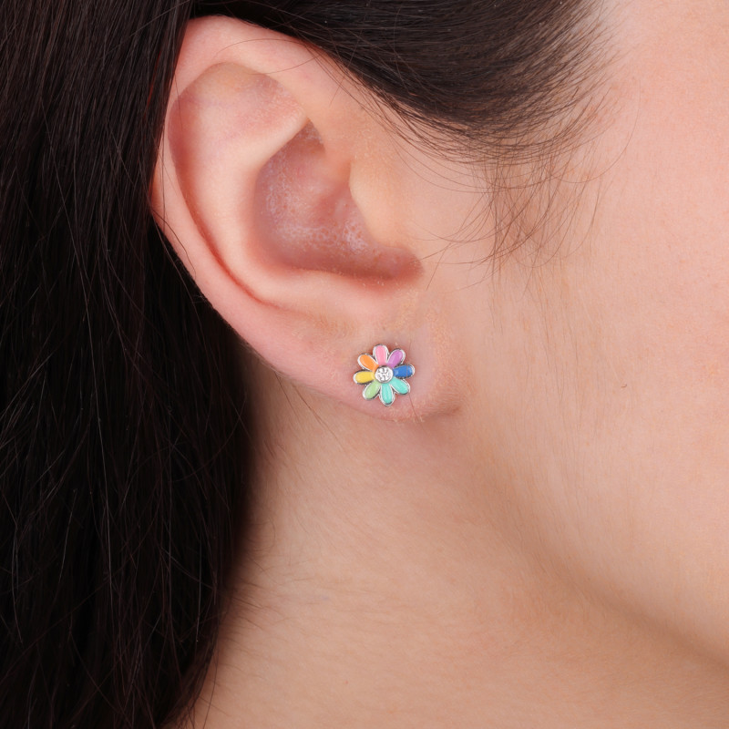 Kolczyki srebrne dla dziewczynki kwiatek z emalią i cyrkonią