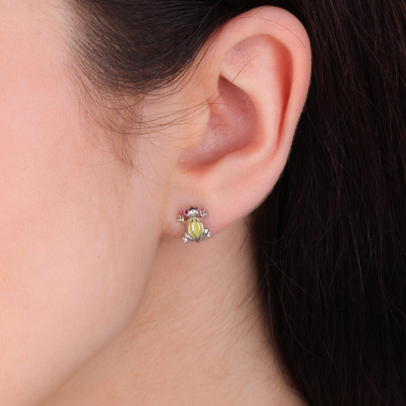 Kolczyki srebrne żaba z emalią i cyrkoniami