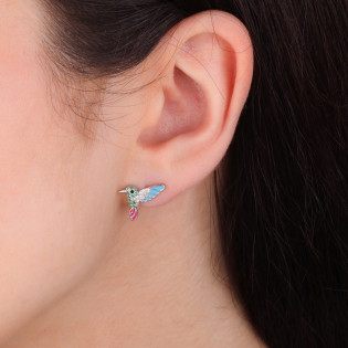 Kolczyki srebrne koliber z kolorowymi cyrkoniami