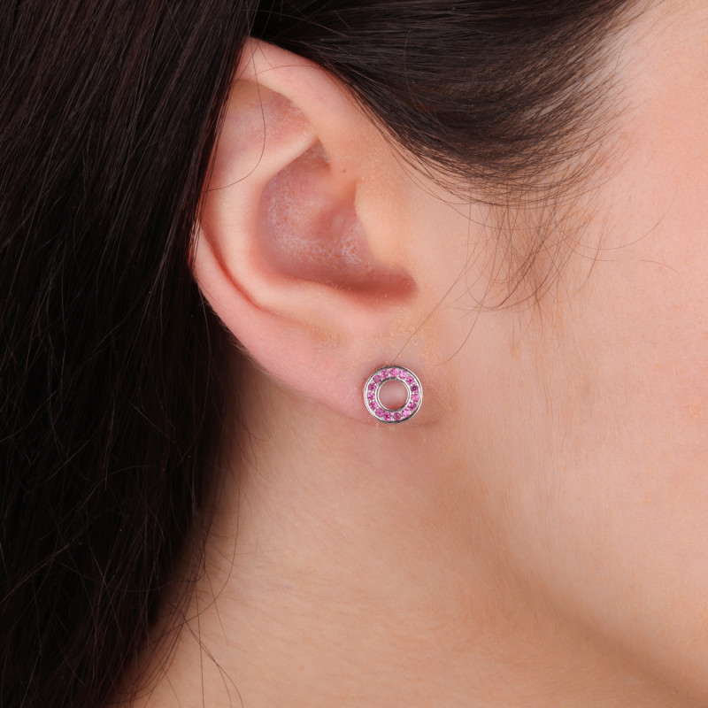 Kolczyki srebrne koło z ciemno-różowymi cyrkoniami