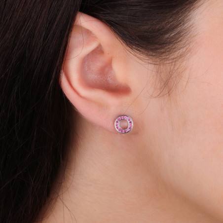 Kolczyki srebrne koło z ciemno-różowymi cyrkoniami