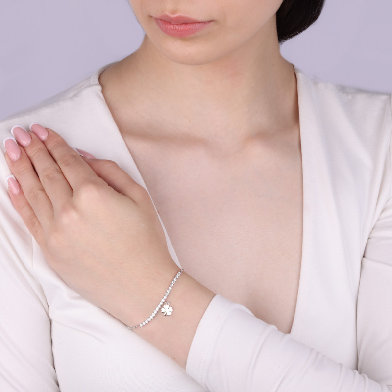 Srebrna bransoletka z koniczynką i cyrkoniami - JubilerSezam.pl