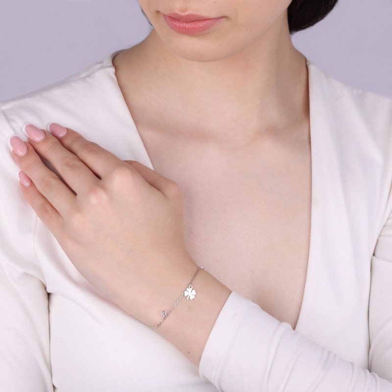 Srebrna bransoletka z koniczynkami i cyrkoniami - JubilerSezam.pl