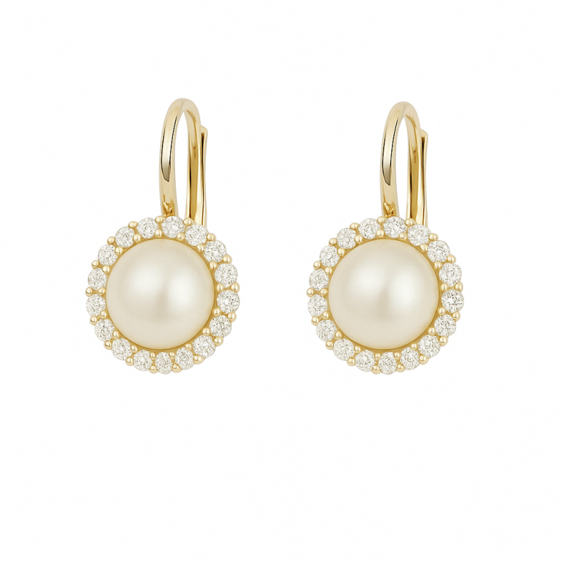 Kolczyki złote z perłą i cyrkoniami próba 585