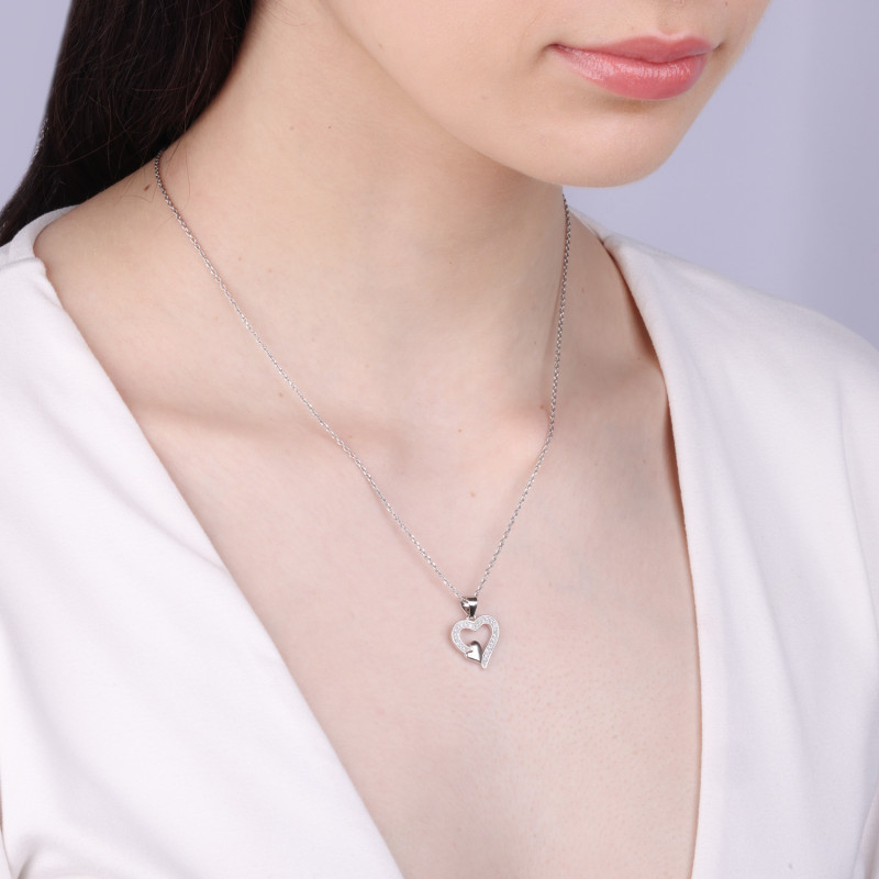 Serduszko srebrne z mniejszym sercem i cyrkoniami