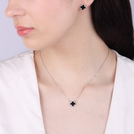 Naszyjnik srebrny koniczynka z czarną emalią