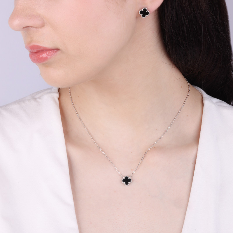 Srebrne kolczyki koniczynki z czarną emalią - JubilerSezam.pl